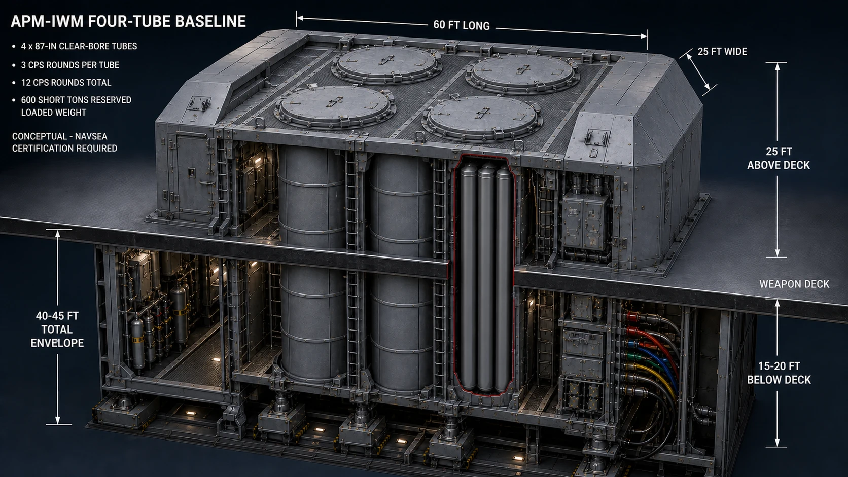 Four-tube TriSeadon APM Integrated Weapon Module cutaway showing its raised deckhouse, below-deck well, four armored hatches, and three full-length CPS canisters in one exposed tube.