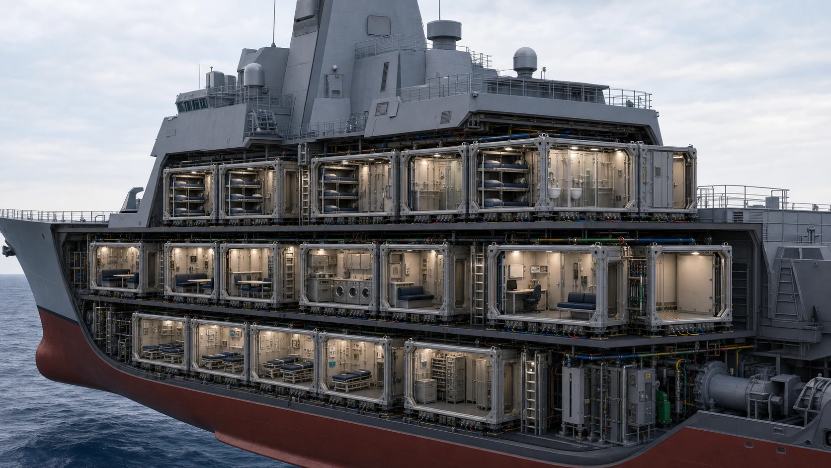 Longitudinal ship cutaway illustrating ATLAS outfit zones, passageways, service trunks, and maintenance access inside the hull.
