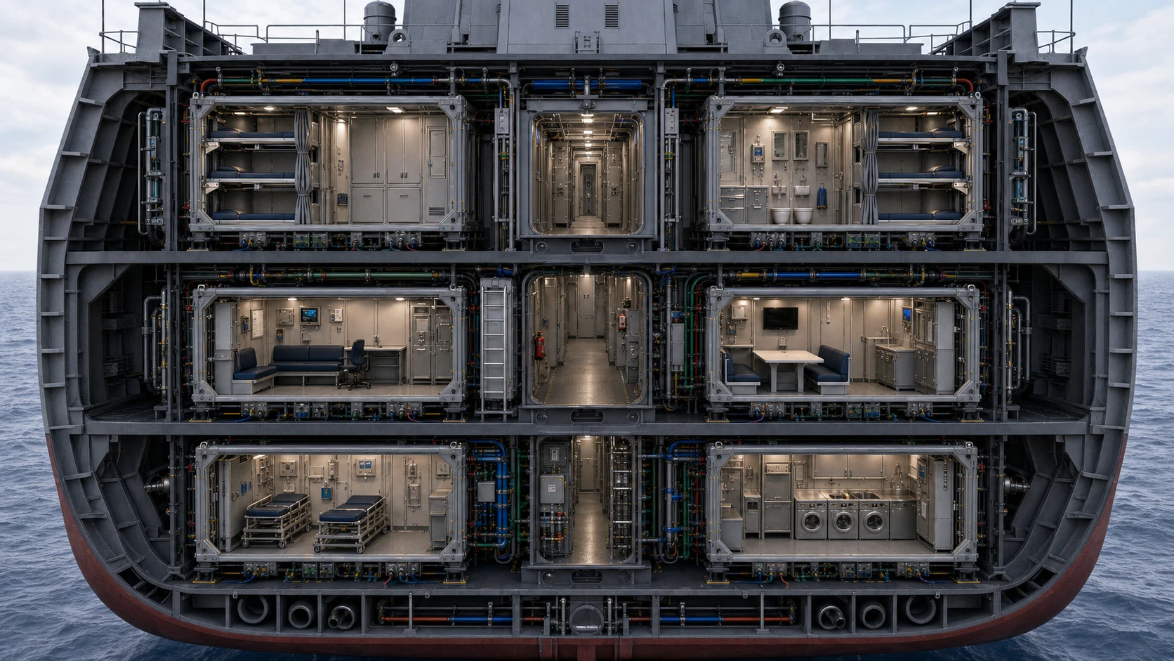 Transverse ship cutaway illustrating fixed hull compartments with standardized ATLAS outfit interfaces and protected centerline access.