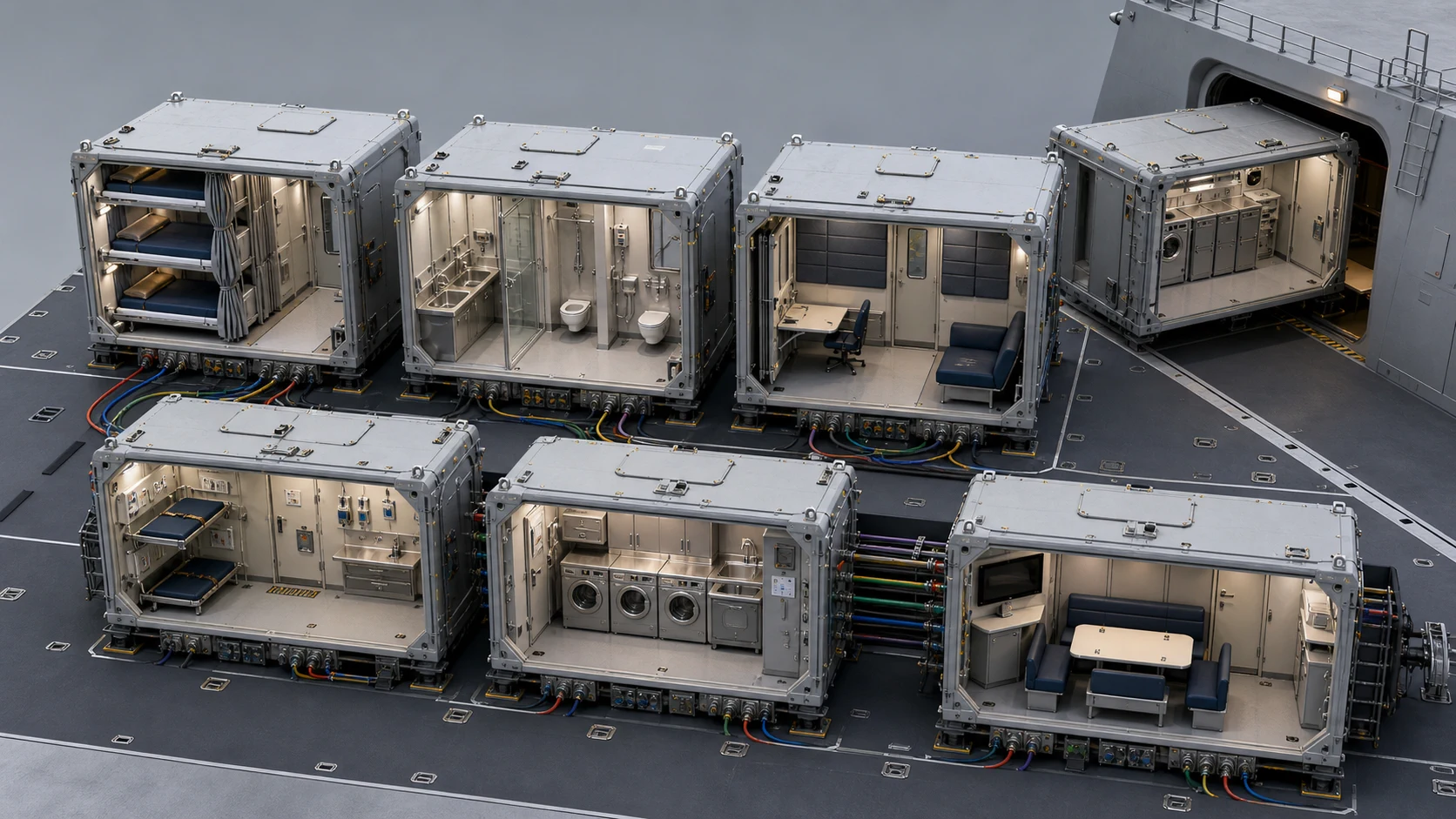 ATLAS concept rendering showing standardized berthing, hygiene, work, service, and lounge outfit families during shore-side qualification.