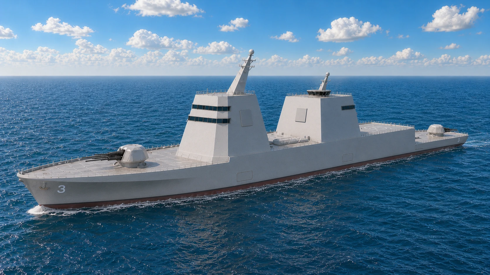 Canonical port-bow rendering of TriSeadon CAG-3 with two bridge-window bands, square SPY-6 faces, aft-raked masts, flight deck, and centerline triple-barrel Trinion turrets.