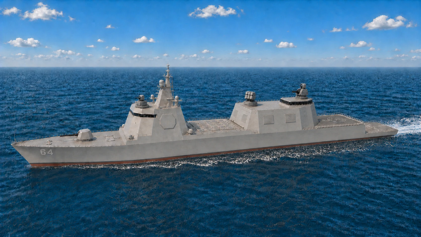 FFG-64 Cerberus installation study showing three compact terminal-defense mounts.