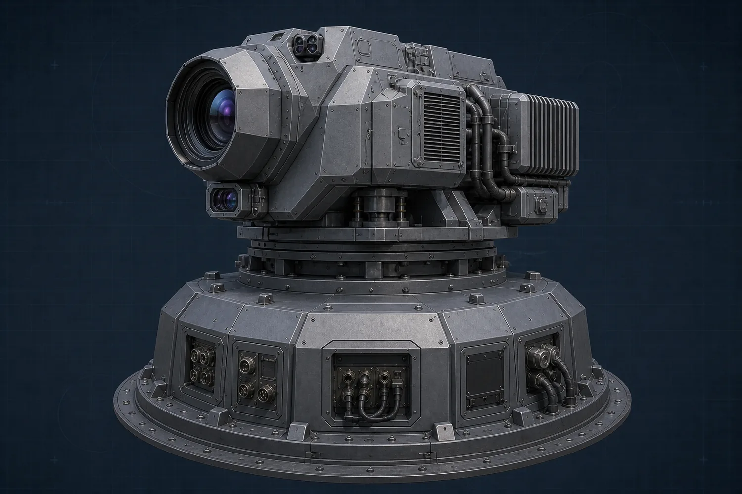 Conceptual HELIOS directed-energy and optical payload installed through an engineered power, cooling, data, and structural adapter on the Cerberus foundation.