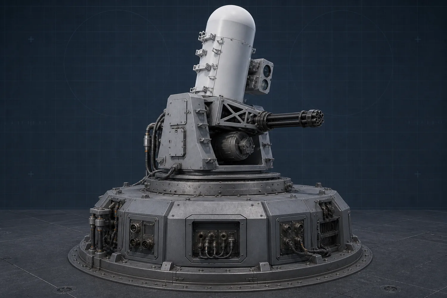 Conceptual Phalanx close-in weapon system installed through an engineered adapter on the common armored Cerberus mount foundation.