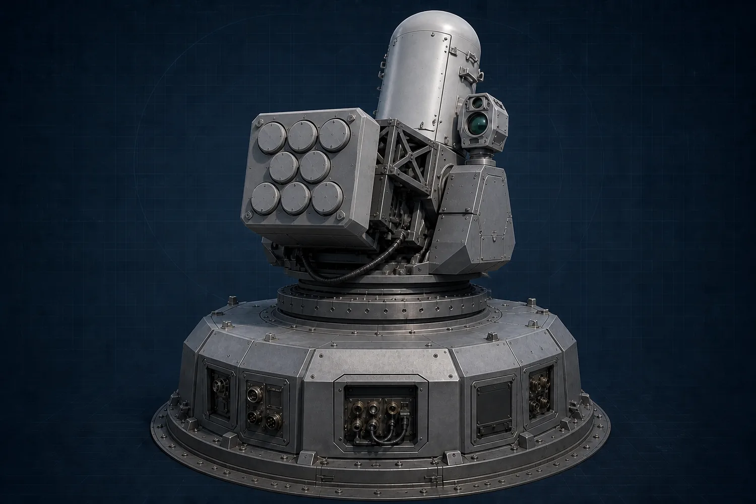 Conceptual SeaRAM close-in missile-defense payload installed through an engineered adapter on the common armored Cerberus mount foundation.