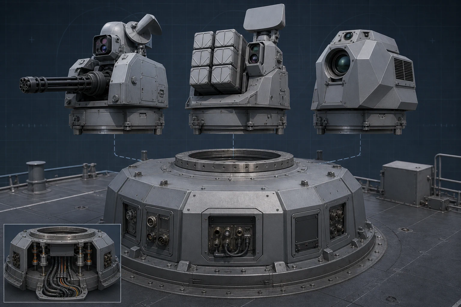 Cerberus universal mount concept showing the common armored deck interface and interchangeable gun, missile, and directed-energy payload packages.