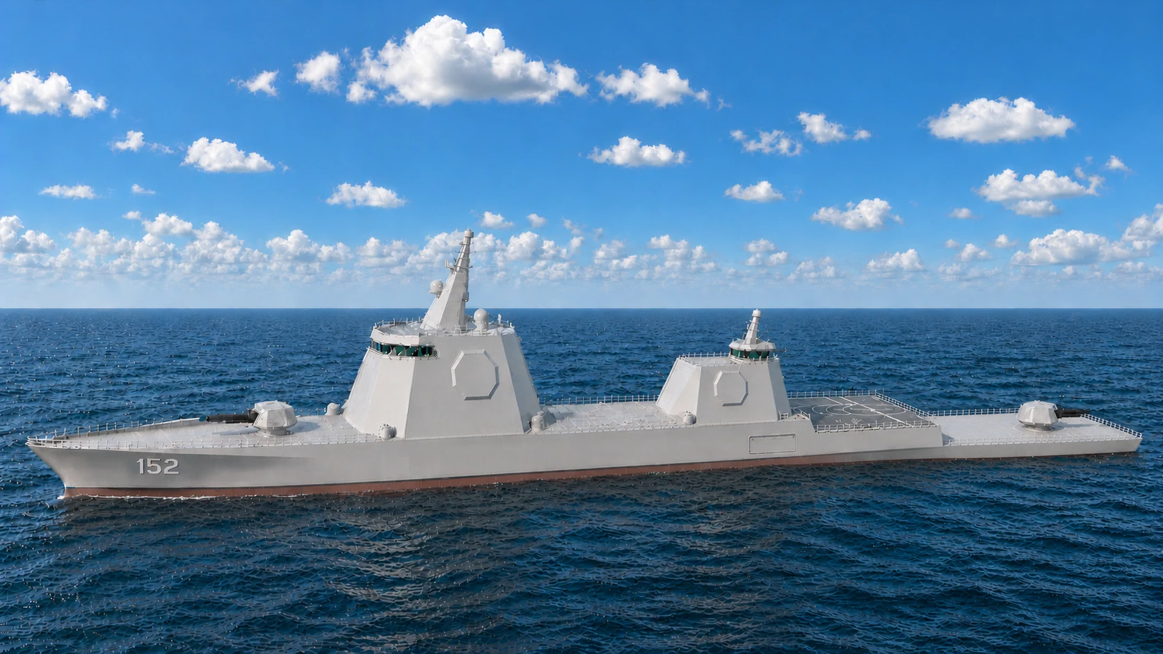 Clean canonical TriSeadon DDG-152 rendering from the established near-broadside port view, with the CAG-family blended bow and aft gun fully separated on the lower 00 gun deck.