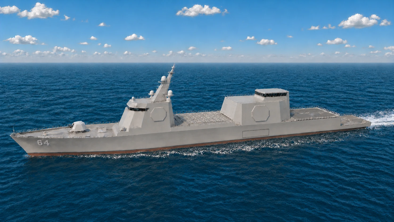 Final canonical TriSeadon FFG-64 rendering with equal-length superstructure zones, a vertical aft hangar bulkhead, aft-aligned ATC, and flush Swift-boat garage.