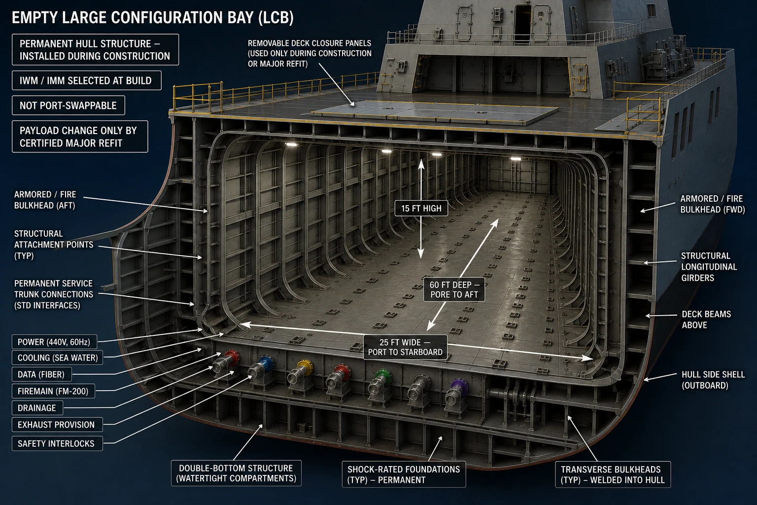Empty Large Configuration Bay viewed through its 25-foot-wide stern opening, extending 60 feet fore-to-aft into the hull and standing 15 feet high, with permanent framing, foundations, bulkheads, and service interfaces.