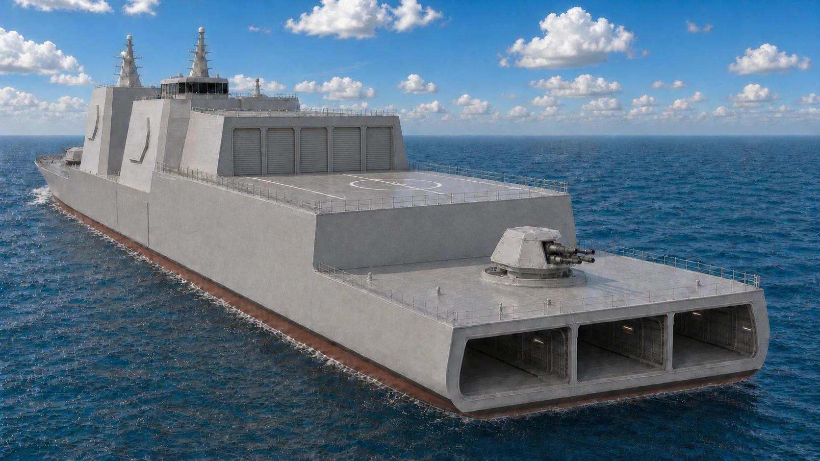 Aft-quarter CAG-3 integration rendering showing five hangar doors, a raised full-beam flight deck, a lower centerline aft Trinion gun deck, and three longitudinal stern LCB openings at the waterline.