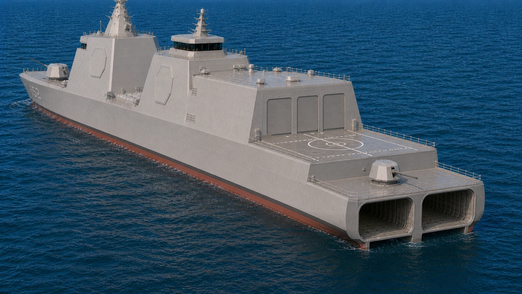 Aft-quarter DDG-152 integration rendering showing three hangar doors, a raised flight deck, a lower centerline aft gun deck, and two longitudinal stern LCB openings at the waterline.
