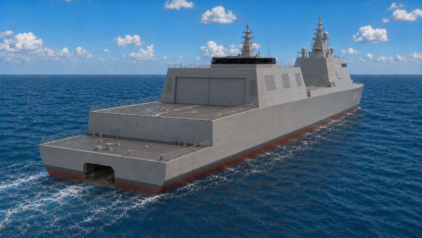 Aft-quarter FFG-64 integration rendering showing two helicopter hangar doors, a raised flight deck, a lower main deck, and one centered longitudinal stern LCB opening at the waterline.