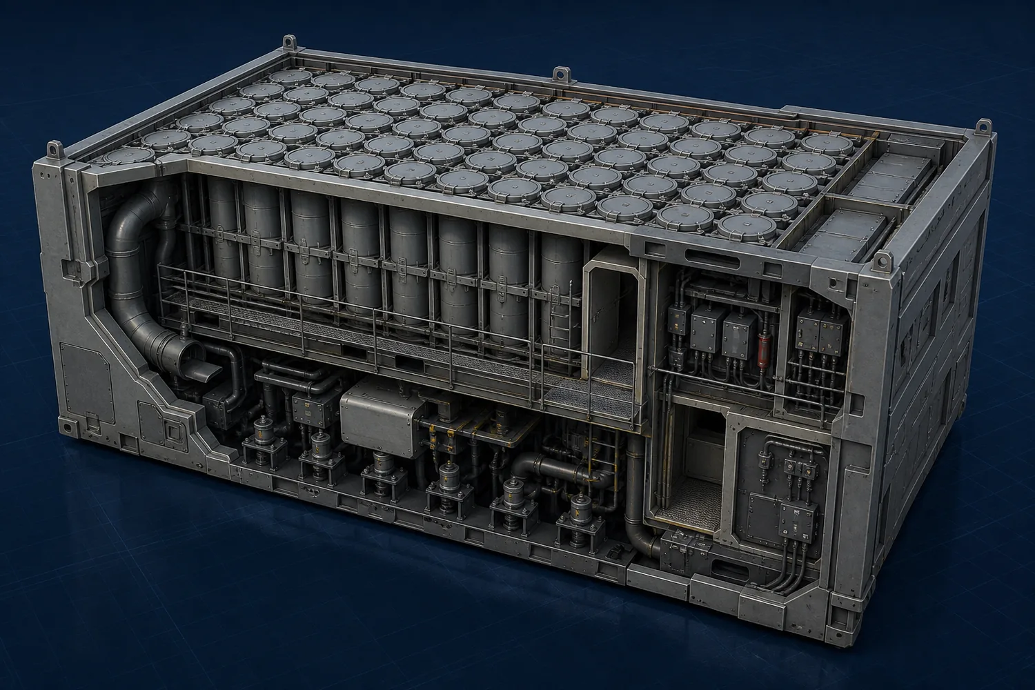 Conceptual cutaway rendering of Mk 41 vertical launch cells, exhaust management, access, and common services packaged as a TriSeadon Integrated Weapon Module.