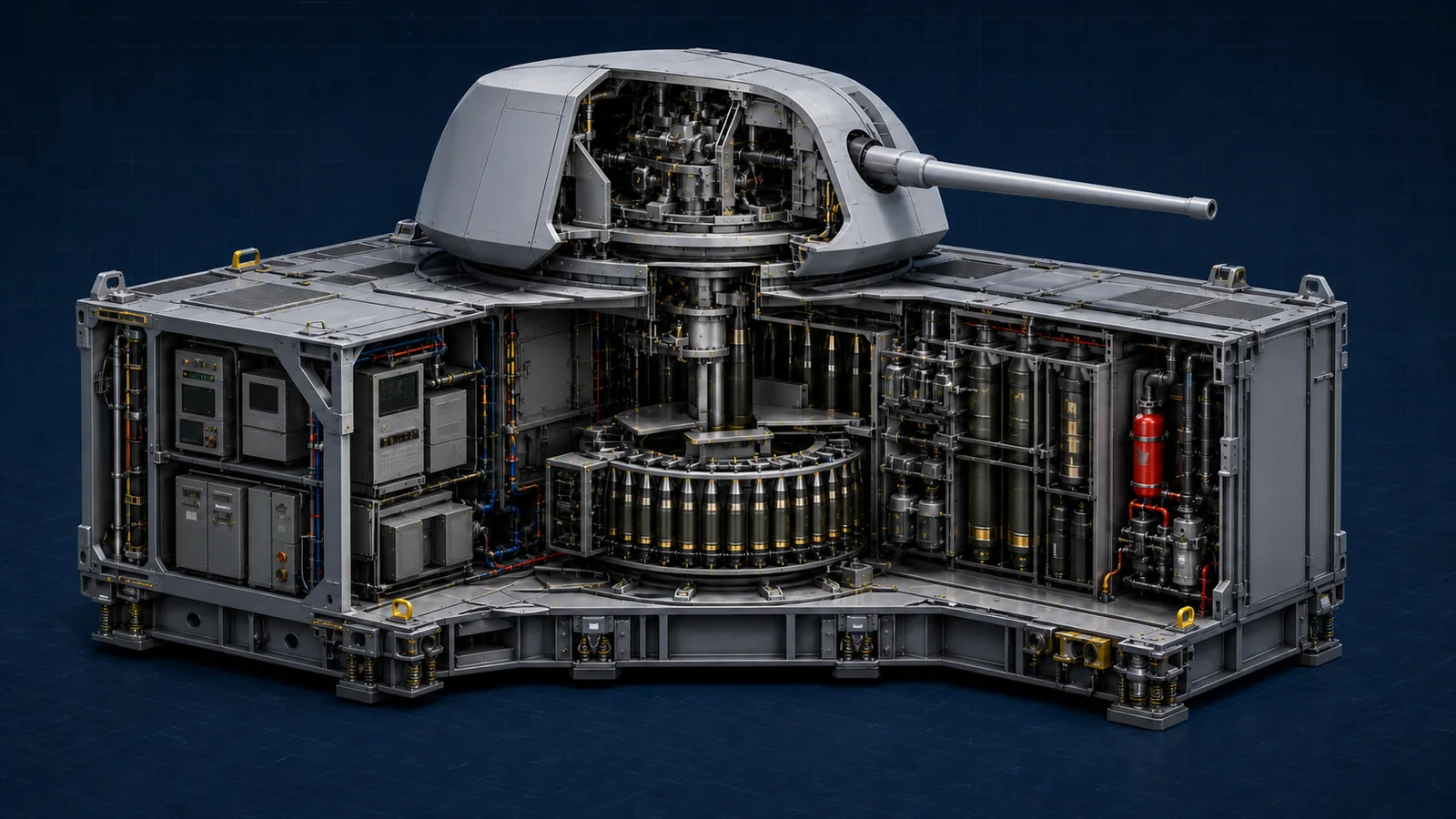 Conceptual cutaway rendering of a Mk 75 76 mm rapid-fire naval gun packaged with its ready-service magazine, ammunition carousel, hoist, controls, protection, and common services as a TriSeadon Integrated Weapon Module.