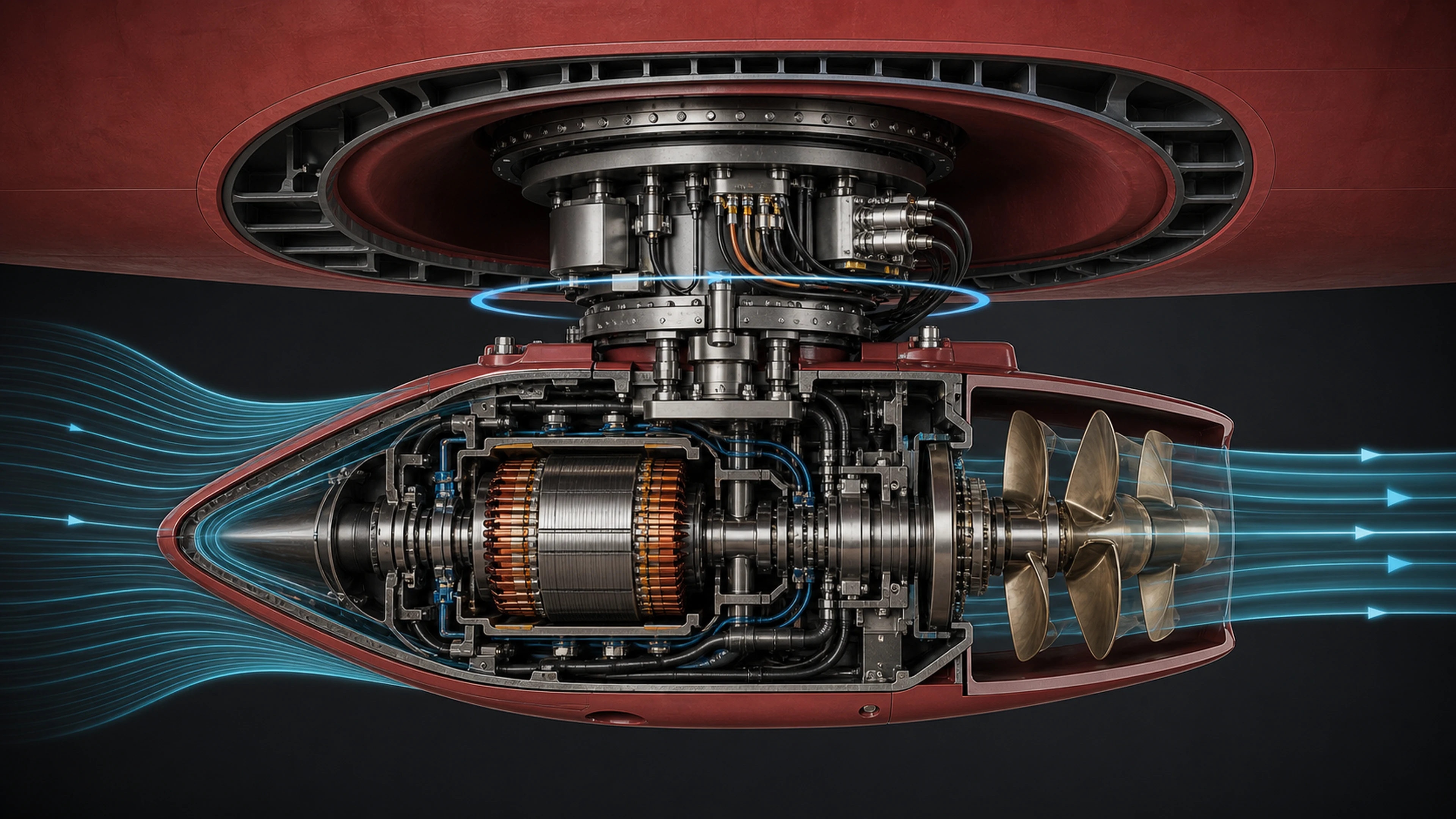Longitudinal cutaway through one Odyssey pod showing the electric motor, service connections, azimuth bearing, propulsor, and waterflow.