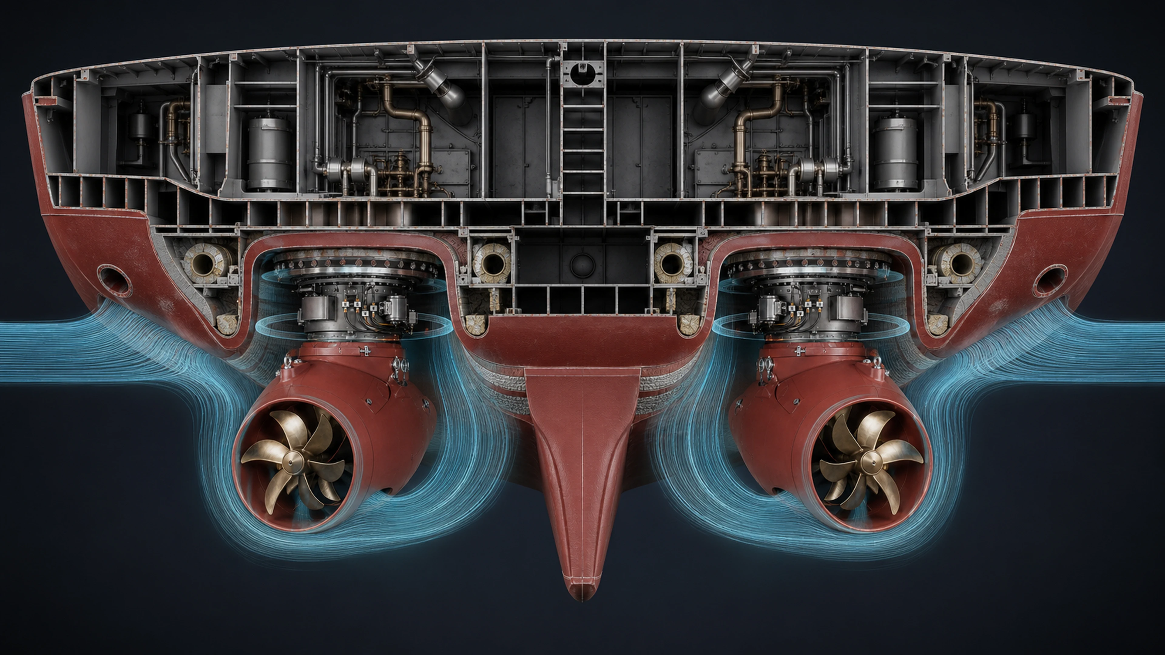Transverse aft-hull cutaway showing two Odyssey pods, reinforced foundations, spoon recesses, and centerline protective keel.