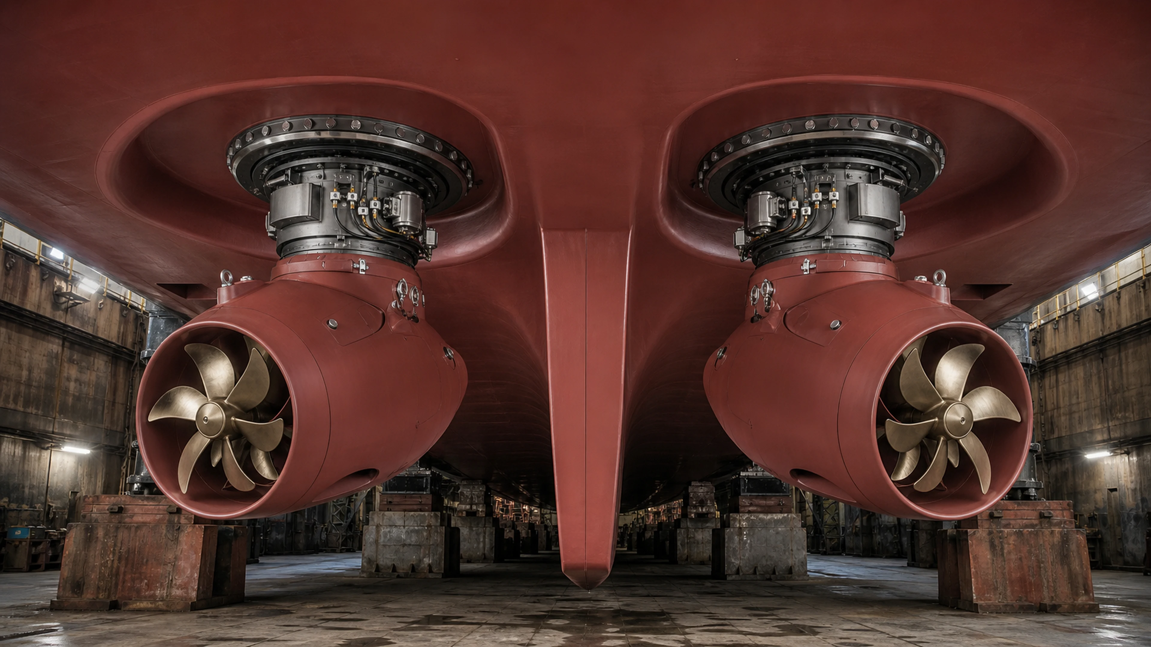 Dry-dock underside rendering of two removable Odyssey propulsion pods mounted side-by-side in spoon-shaped hull recesses.