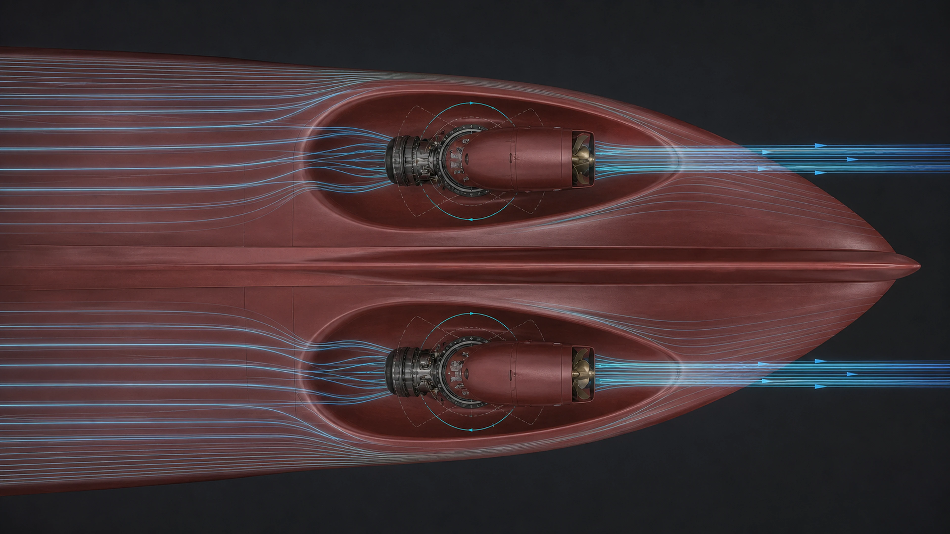 Bottom-plan Odyssey flow visualization showing spoon-shaped recesses feeding two side-by-side pod shrouds and separated aft wakes.
