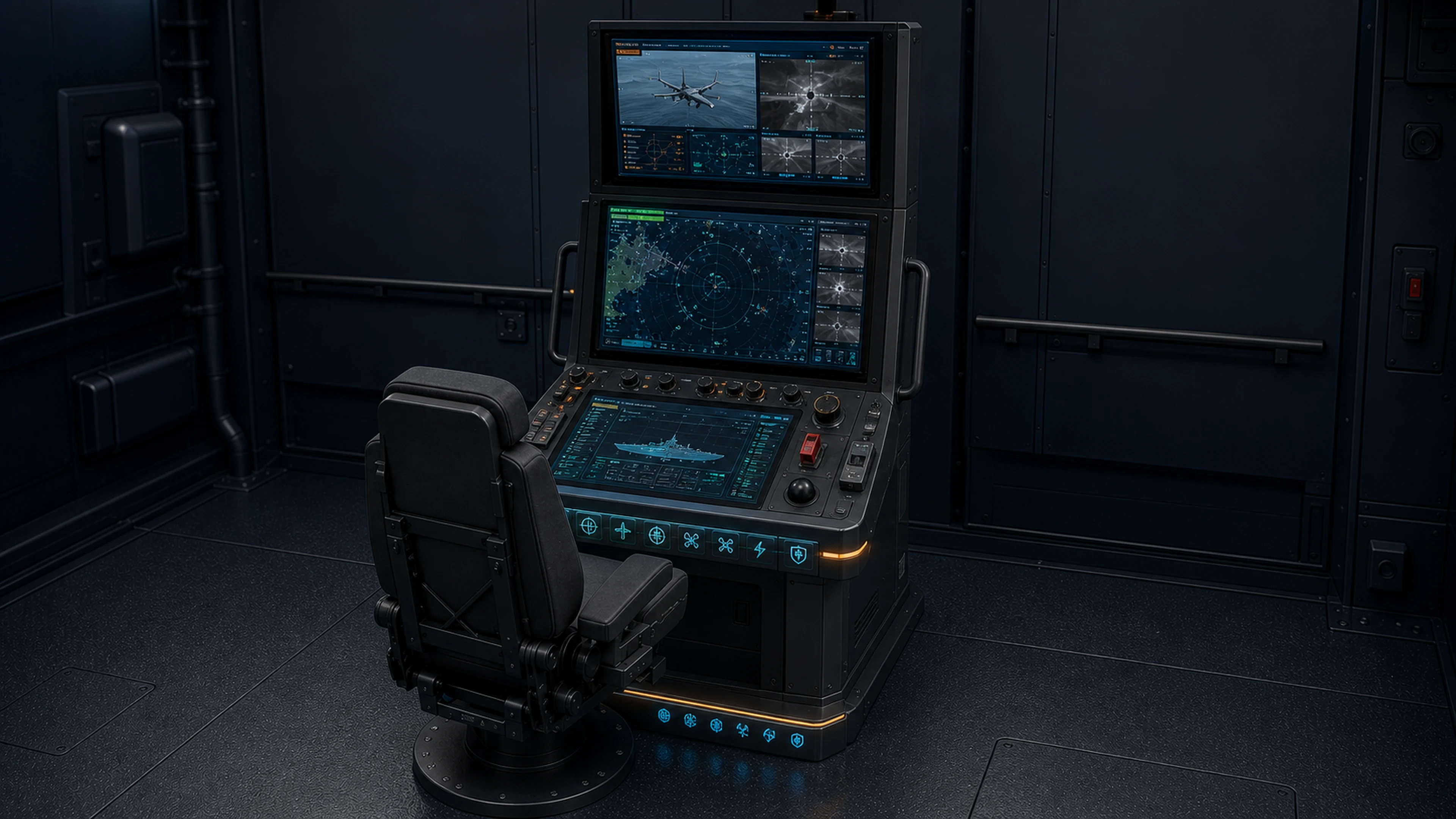 One compact ONE naval watch station with a table touchscreen, primary upright monitor, overhead monitor, tactile controls, and one operator chair.