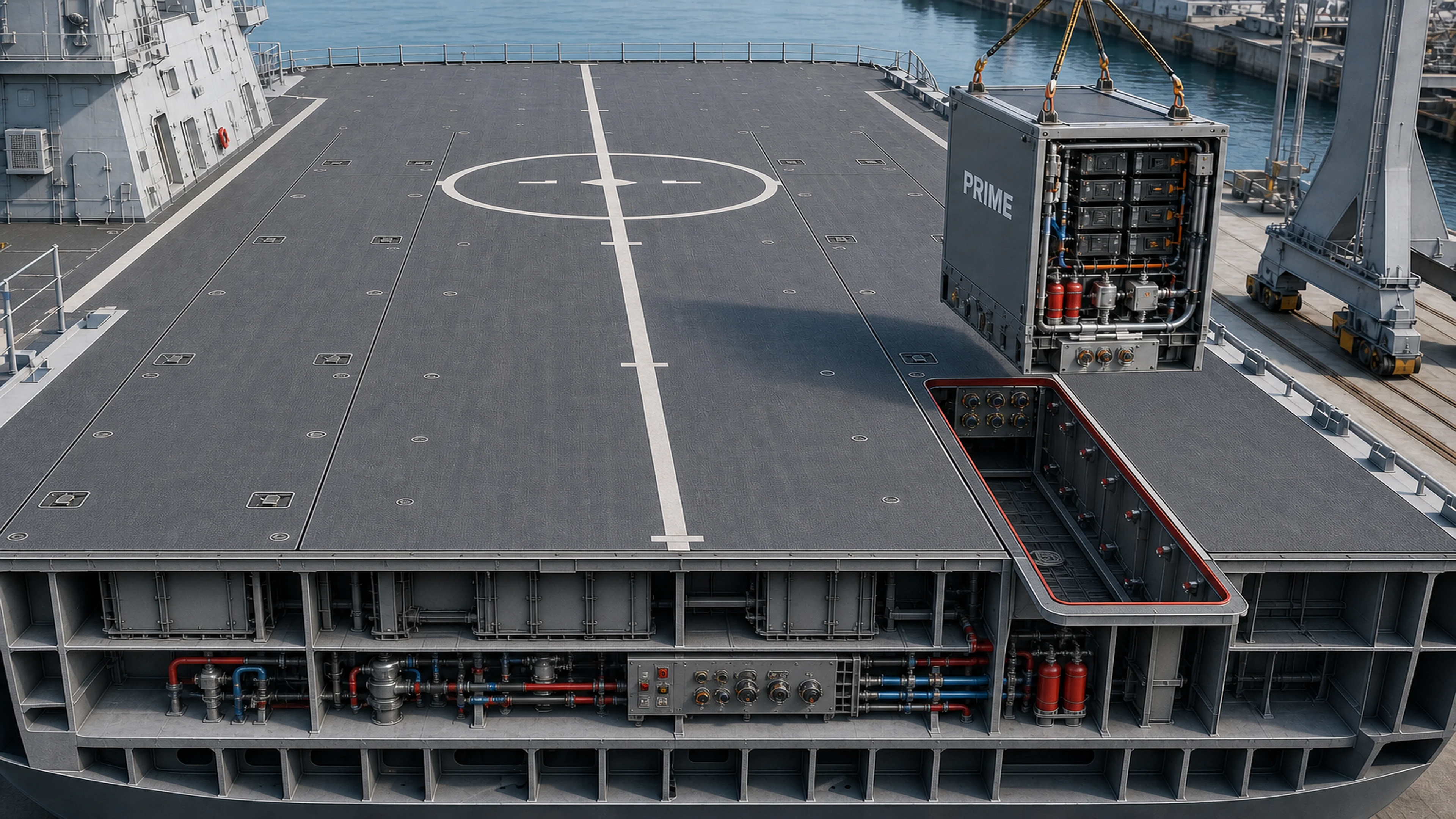 PRIME integral flight-deck cutaway showing five installed battery modules whose hardened nonskid tops directly form the flight deck and one complete module, including its deck surface, being lifted vertically by crane.