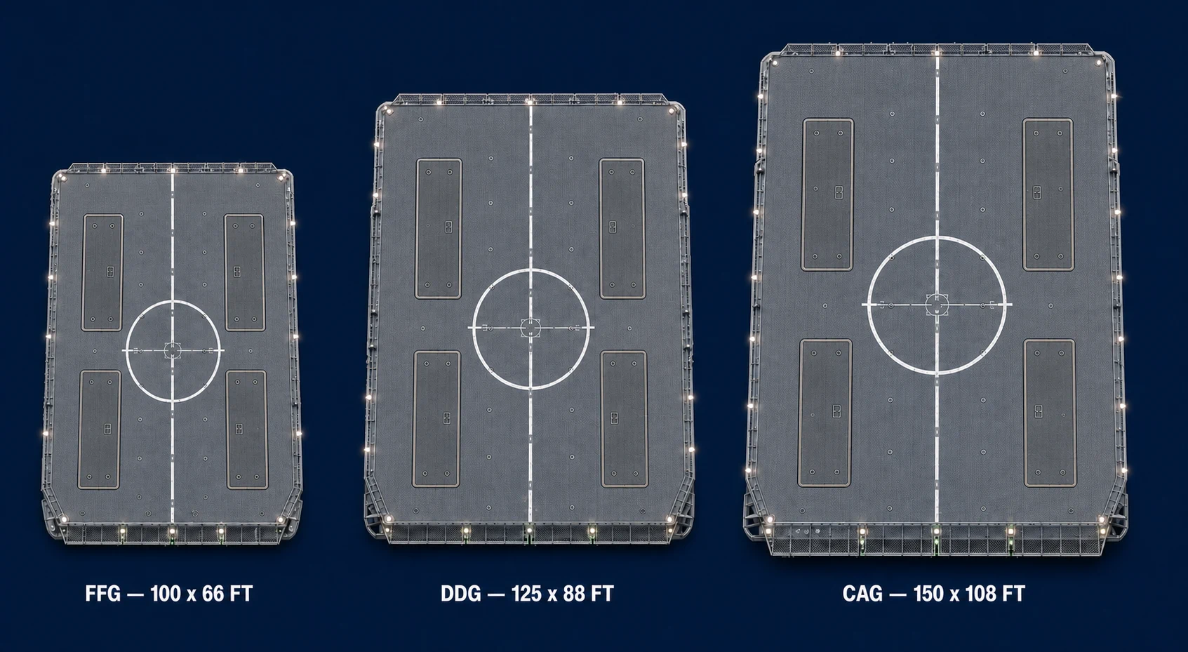 Complete FFG, DDG, and CAG flight-deck comparison with four PRIME module tops positioned inboard of the covered-passageway structure and free of aviation paint.