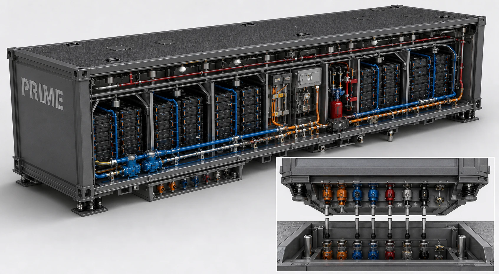 PRIME module cutaway showing the integral flight-deck top, segmented battery racks, cooling and suppression systems, and downward-facing underside plugs above the upward-facing hull receiver.