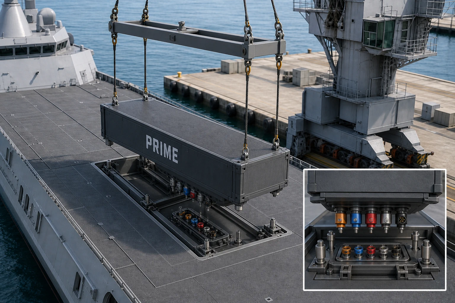 Pier crane lowering a PRIME module with four lifting shackles and downward-facing underside plugs toward an upward-facing receiver fixed in the hull compartment floor.