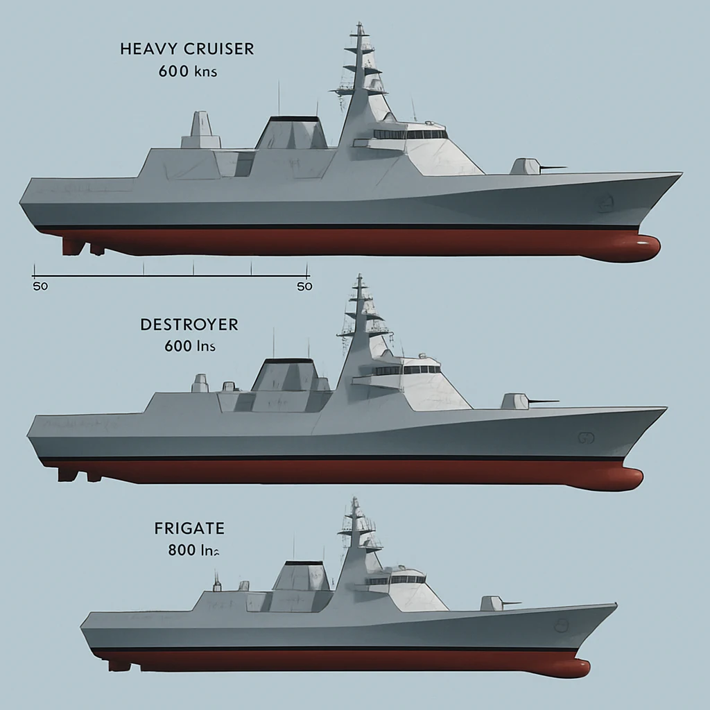 Reference concept board showing heavy cruiser, destroyer, and frigate side-profile styling.