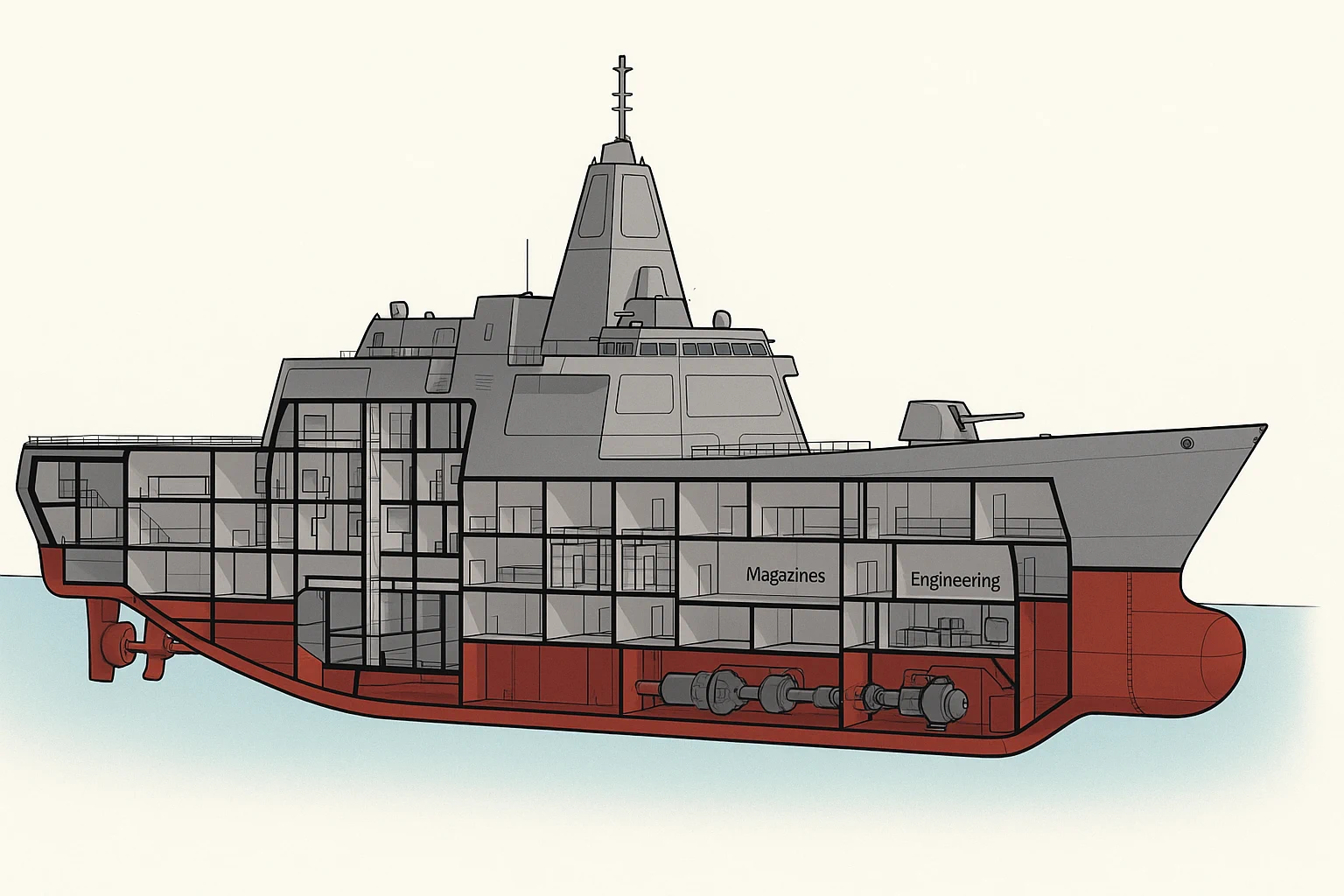 Reference stealth ship cutaway showing internal spaces, magazines, and engineering.