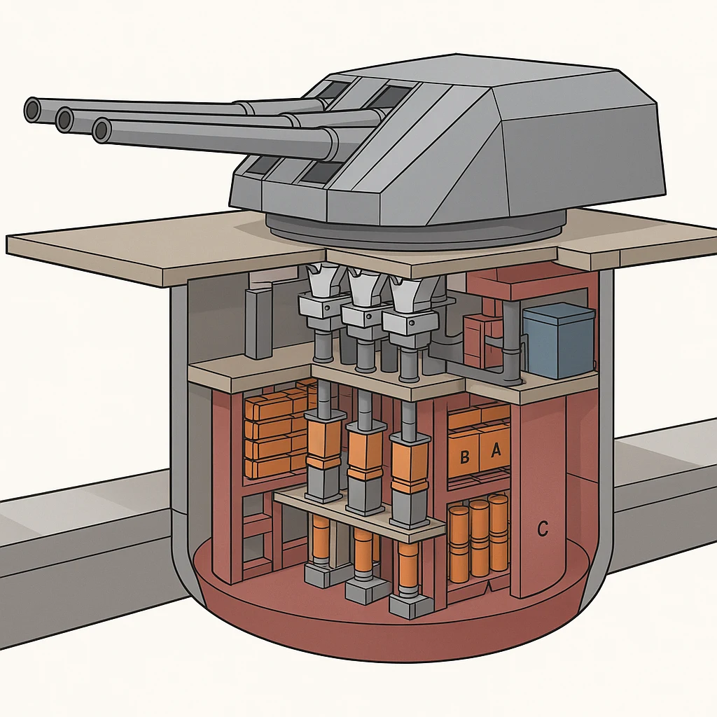 Reference triple-gun turret cutaway showing ammunition and loading arrangement.