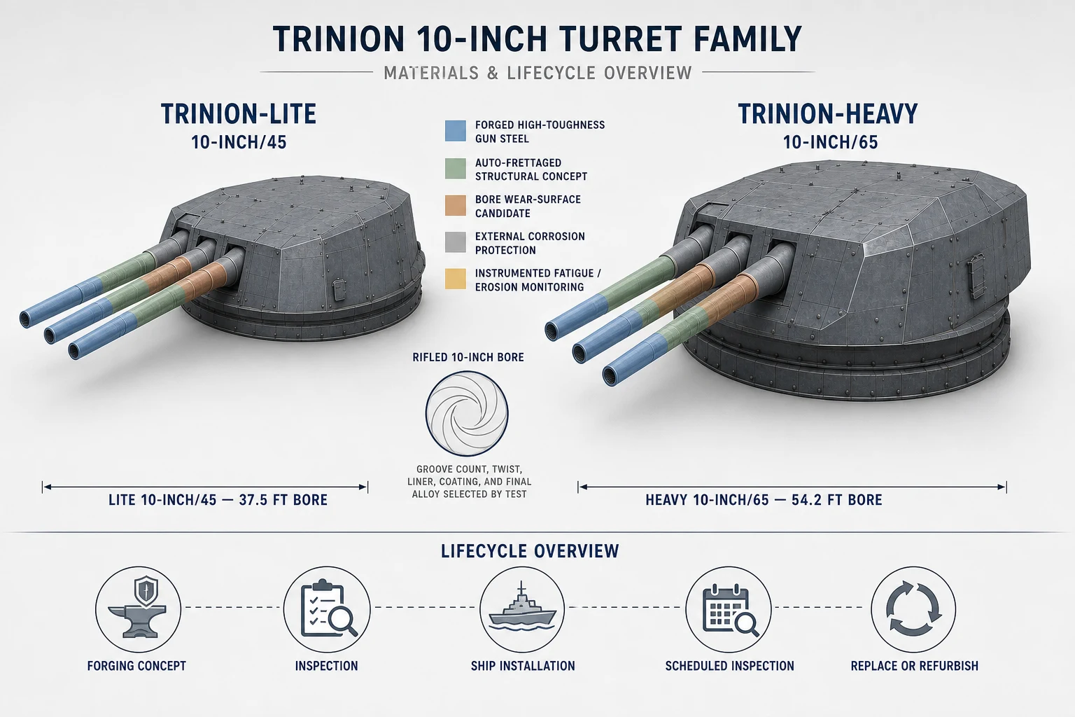 Trinion turret-family materials and lifecycle concept showing forged gun steel, autofrettaged structure, bore wear-surface research, corrosion protection, monitoring, inspection, and refurbishment.